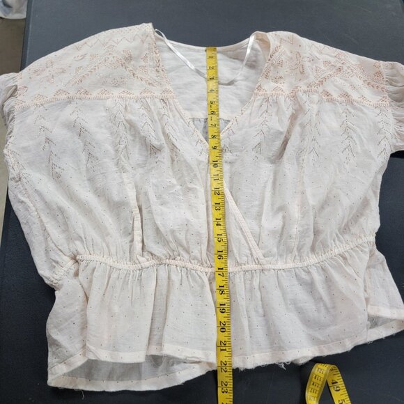 Free People Top Cream Gold Blouse Boho Counting Stars Peasant Raw Hem Large - Picture 9 of 9